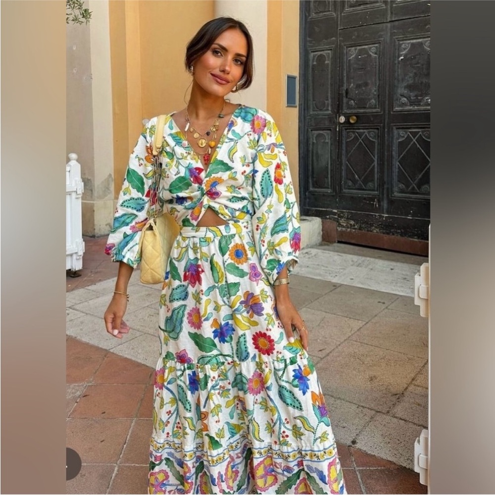 PRINTED LINEN BLEND KNOTTED DRESS - Picture 2 of 16